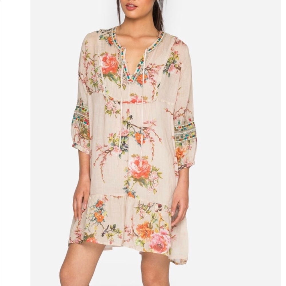 Johnny Was Floral Mini Dress - Cream and Pink